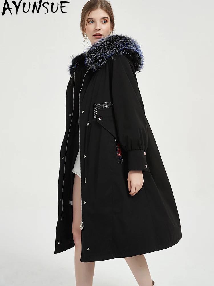 AYUNSUE Rex Rabbit Fur Parka Women 2025 Real Fur Coats Winter Clothes Mid-length Trench Coat Warm Fox Fur Collar Шуба Женская