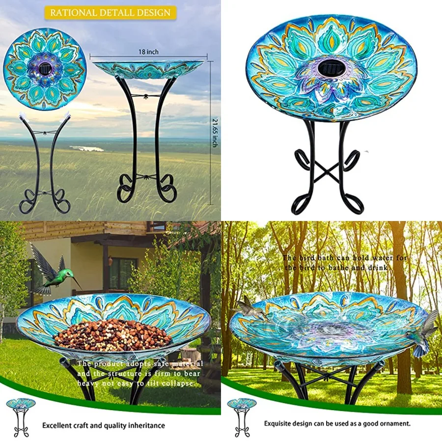 

Glass Bird Bath Outdoor with Metal Stand for Lawn Yard Garden Decor Solar Large BirdBath Peacock Bird Feeder