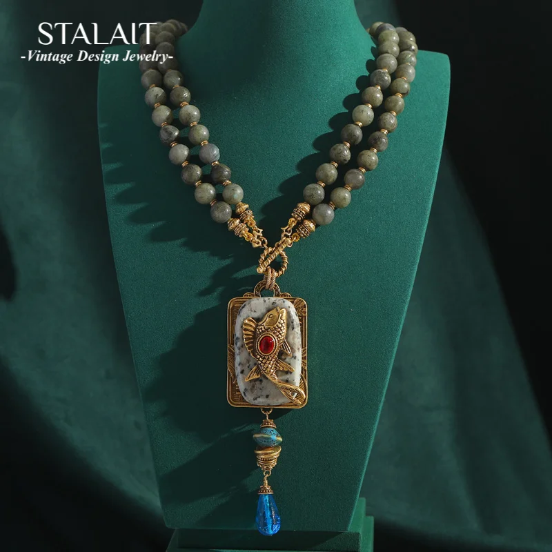 

Rectangular Fish Pendant Necklaces Blue Glass Long Water Droplet Two Layer Bead Chain Natural Stone Emerald Green Vintage Gift