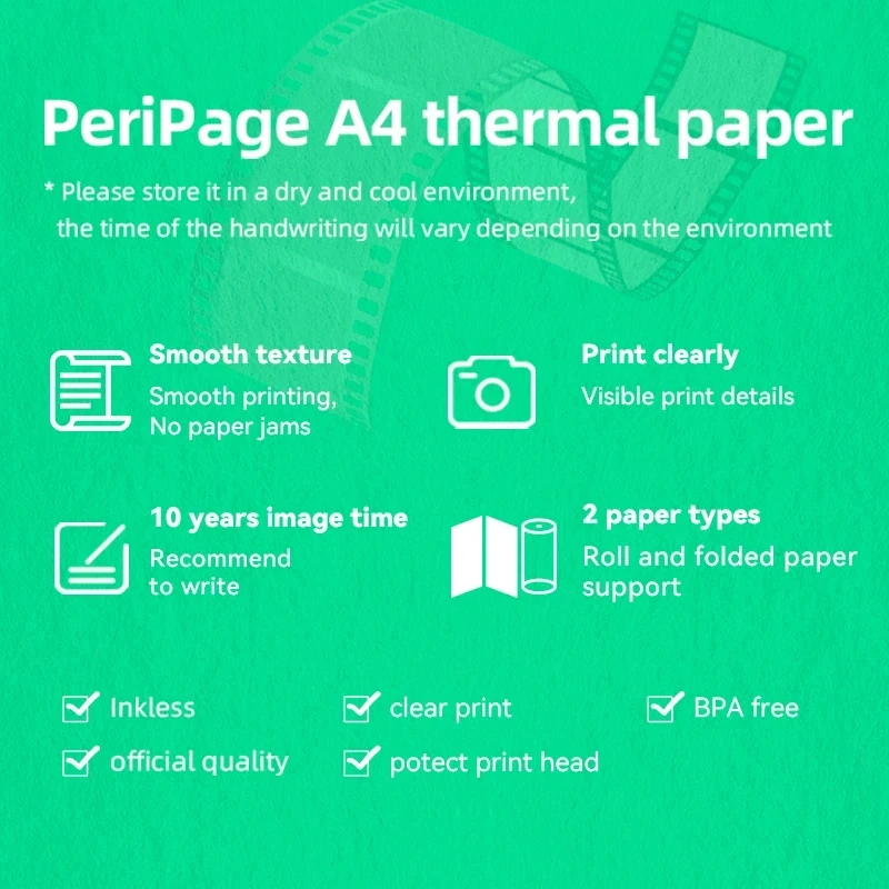 PeriPage de papel para impresora térmica A4, 100 páginas plegadas para larga duración, 8,5x11 pulgadas para impresora A40 PocketJet HPRT MT800/MT800Q