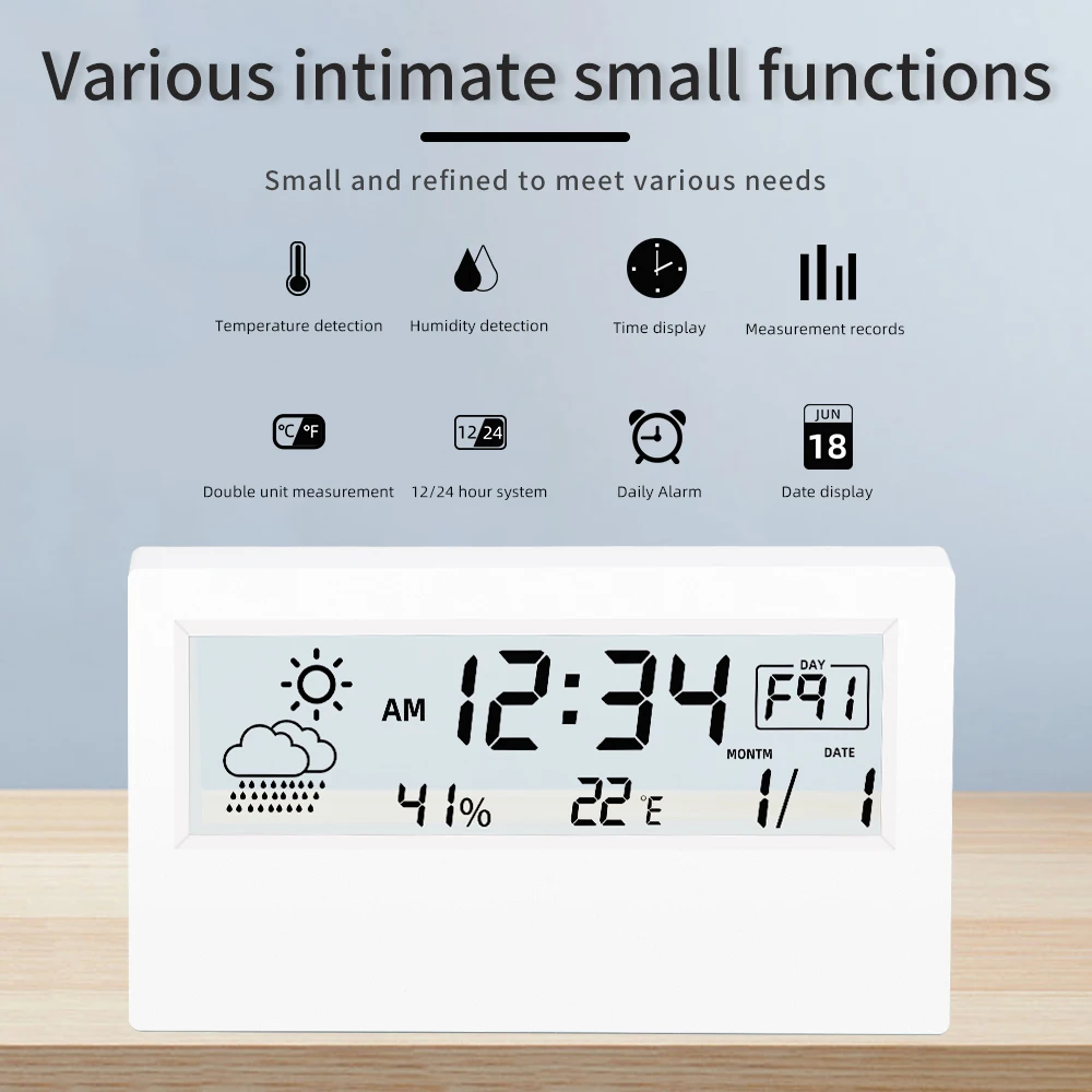 LCD Elektronik Digital Suhu Kelembaban Meter Dalam Ruangan Luar Ruangan Termometer Higrometer Cuaca Stasiun Mini Jam