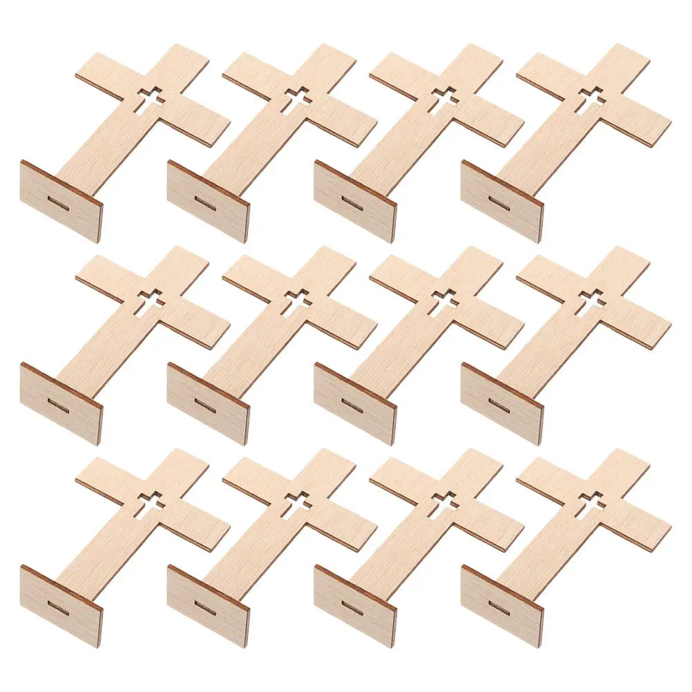12Pcs Wooden Crosses Decorative Sign Standing Base for Tabletop Centerpiece Wedding Baptism Church Home Religious Crosses