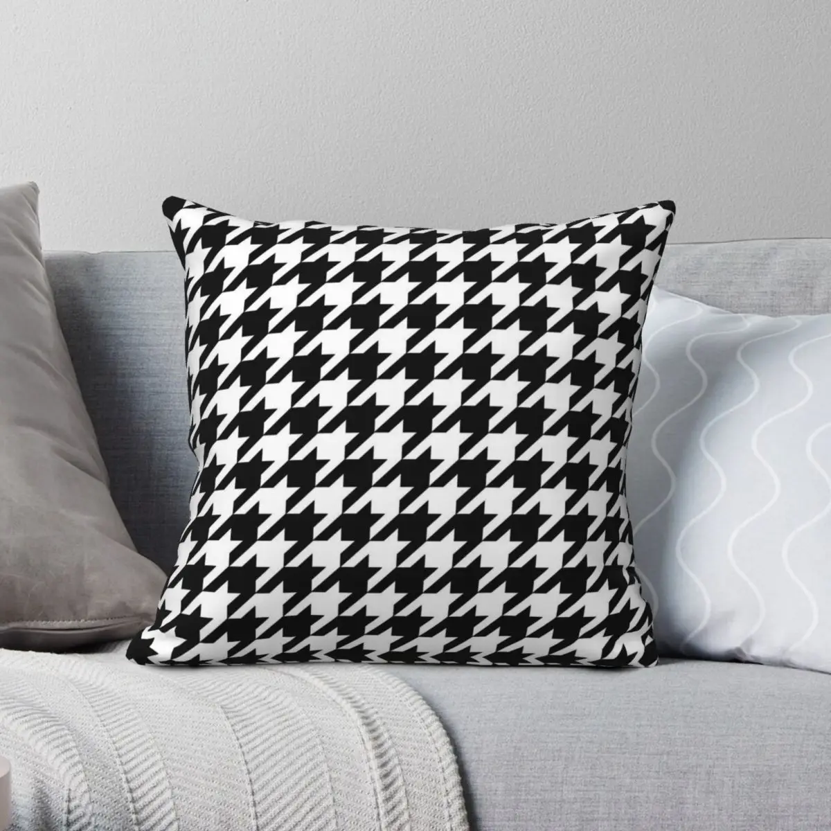 Black And White Houndstooth Square Pillowcase Polyester Linen Velvet Creative Zip Decorative Room Cushion Case