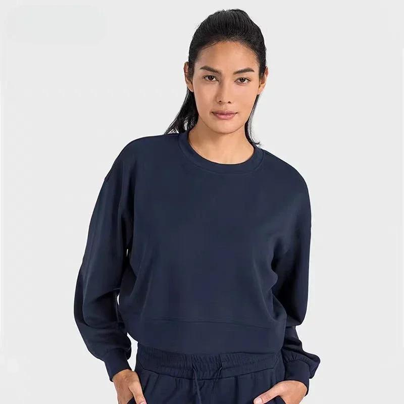 Lemon Fall/Winter Soft Waxy Liquid Air Layer Casual Sports Hoodie Perfectly Oversized Women Round Neck Yoga Long Sleeves Shirt