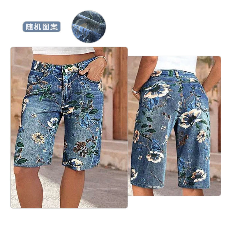 Summer 2026 Floral Printed Cowboy mid Pants High Waist Skinny Wide Leg Five Part Trousers for Women