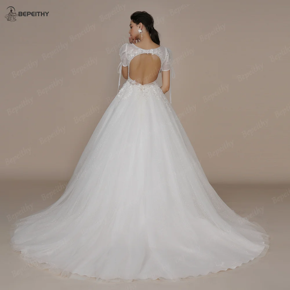 BEPEITHY Customized Short Sleeves A Line Wedding Dresses For Women V Neck Open Back Boho Pearls Bride Glitter Bridal Gown 2023