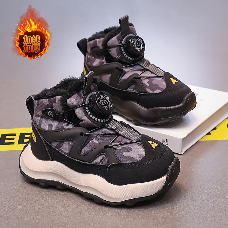 Kids'Snow Boots PU Leather Winter Fashion Outdoor Flat Thick Bottom Shoes For Children Warm Anti-slip Black Green Size 26-37