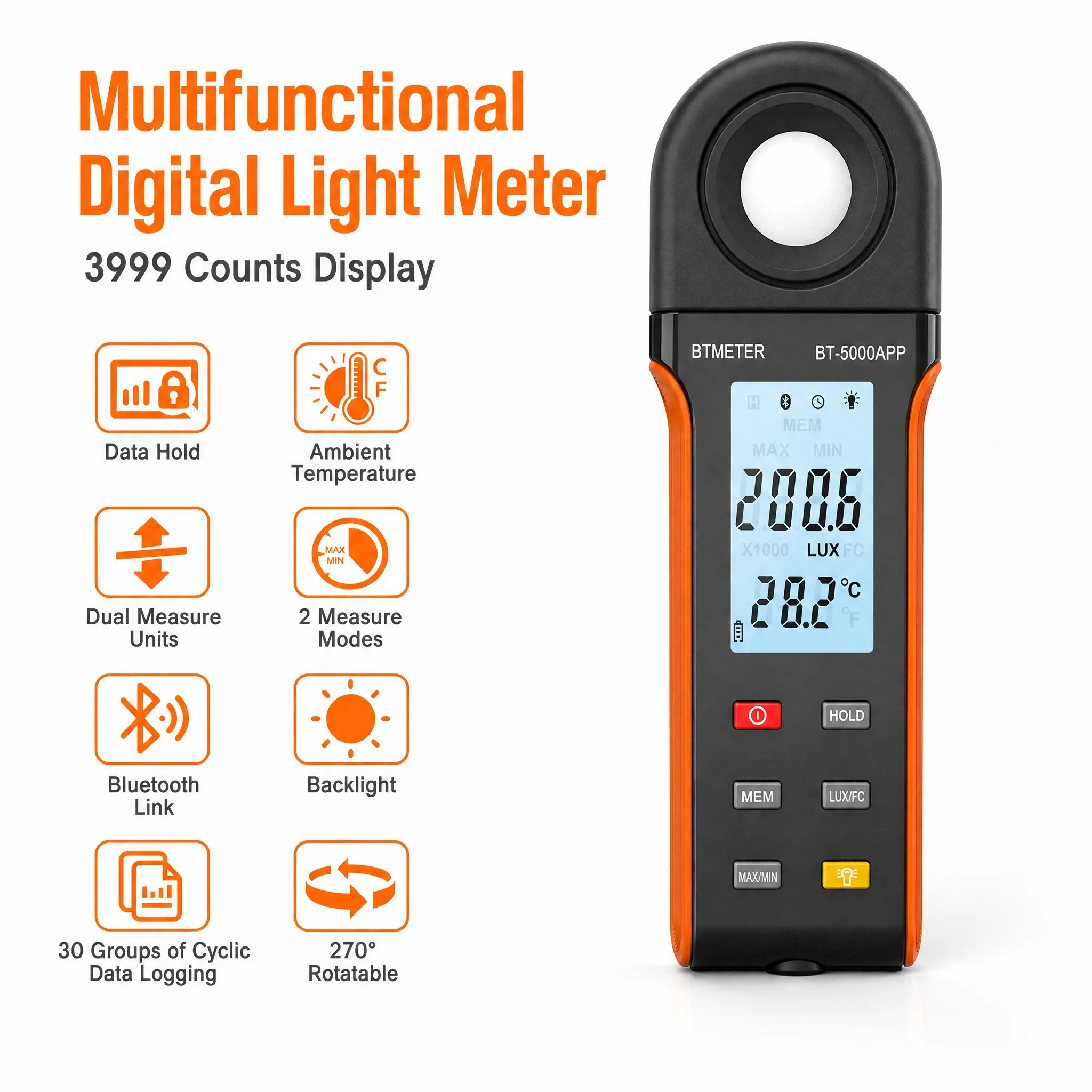 Intelligent Lux Meter 1-400000 0.1Lux High Acc Bluetooth Light Meter Temp Sensor 30 Data APP for Lab Hospital School 2556K Cal