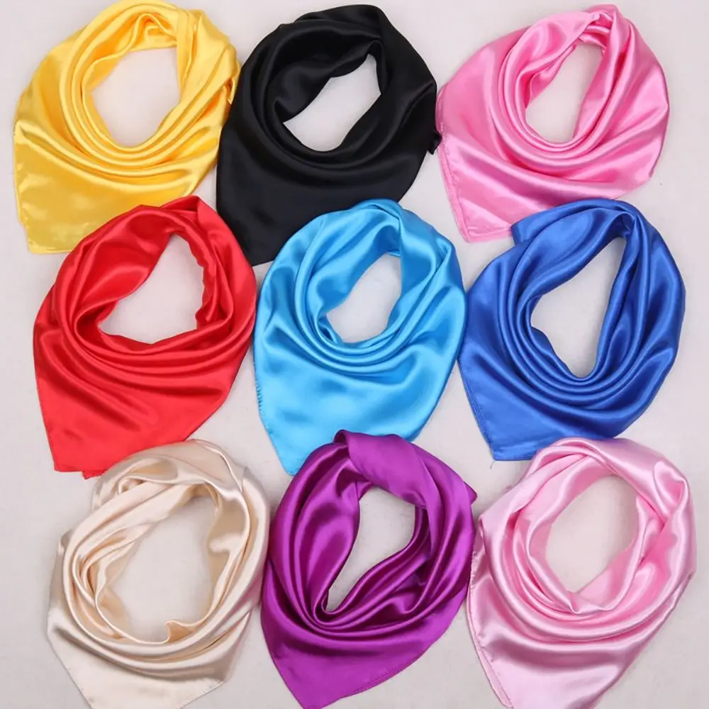 60cm Women Silk Satin Square Scarf Bandana Neckerchief Solid Color Neck Wrap