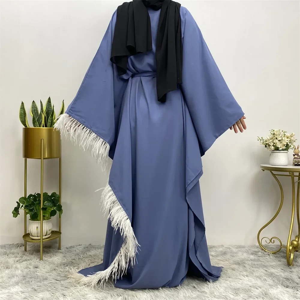 Dubai Dress Kaftan Muslim, gaun kupu-kupu Linen elegan bulu Turki untuk wanita baru Ramadan Khimar