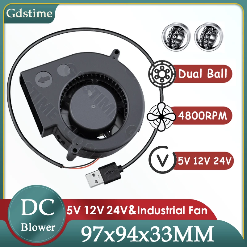 

Gdstime 9733 Fan 24V 12V 5V Radial Fan 97mm x 33mm Centrifugal Turbine Blower 90mm Industrial Fan for Incubators, PC Case, ,BBQ