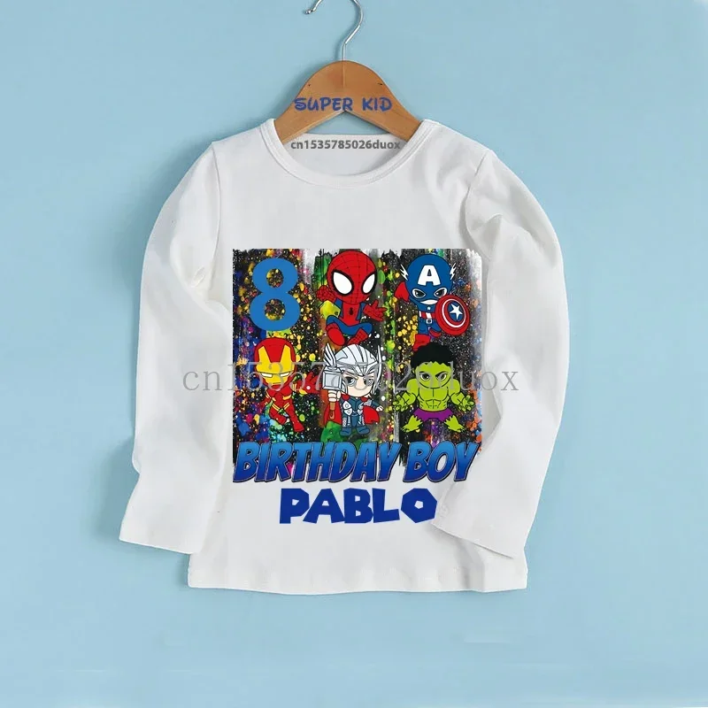 Boy 2 3 4 5 6 7 8 9 Birthday Marvel SuperHero Long Sleeve T-shirt Autumn Avengers Personalize Name Birthday Bottoming Boys Tops