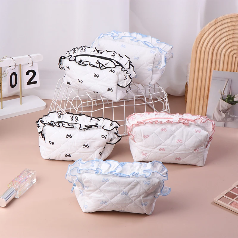 INS Bow Print Pencil Case Large Capacity Pen Bag Quilting Cotton Stationary Storage Pouch Ruffled Edge Student Girls Pencil Bag