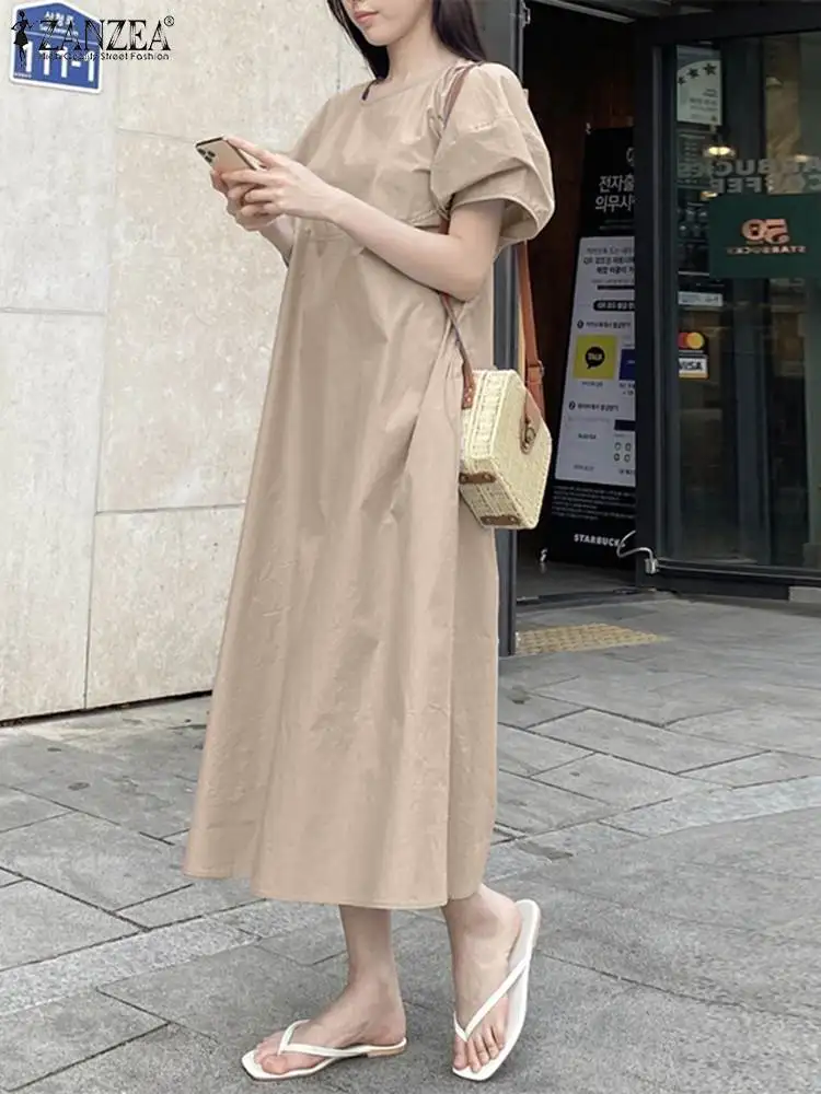 ZANZEA Korean Fashion Solid Dress Woman Short Sleeve O-Neck Mid-Calf Length Robe Female Casual Holiday Sundress Elegant Vestidos