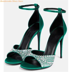 Crystal Open Toe Women Sandals Stiletto Thin High Heel Fashion 2024 Ankle Buckle Strap Green Rosy Beige Handmade Dress Sandals