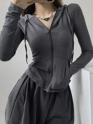 T Shirts Women Vintage Sexy Solid Hooded Cardigan Long Sleeve Cropped Tops Tracksuit