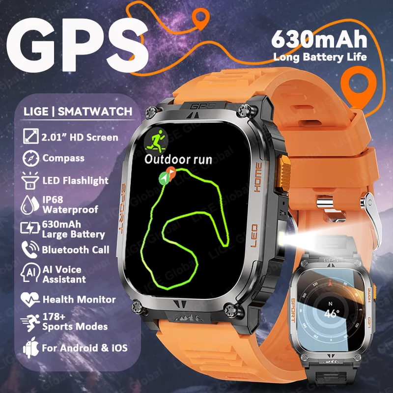 

LIGE New GPS Smart Watch 630mAh 2.01" HD Display Built-in GPS Compass Flashlight Bluetooth Phone Calls Sports Smartwatch For Men