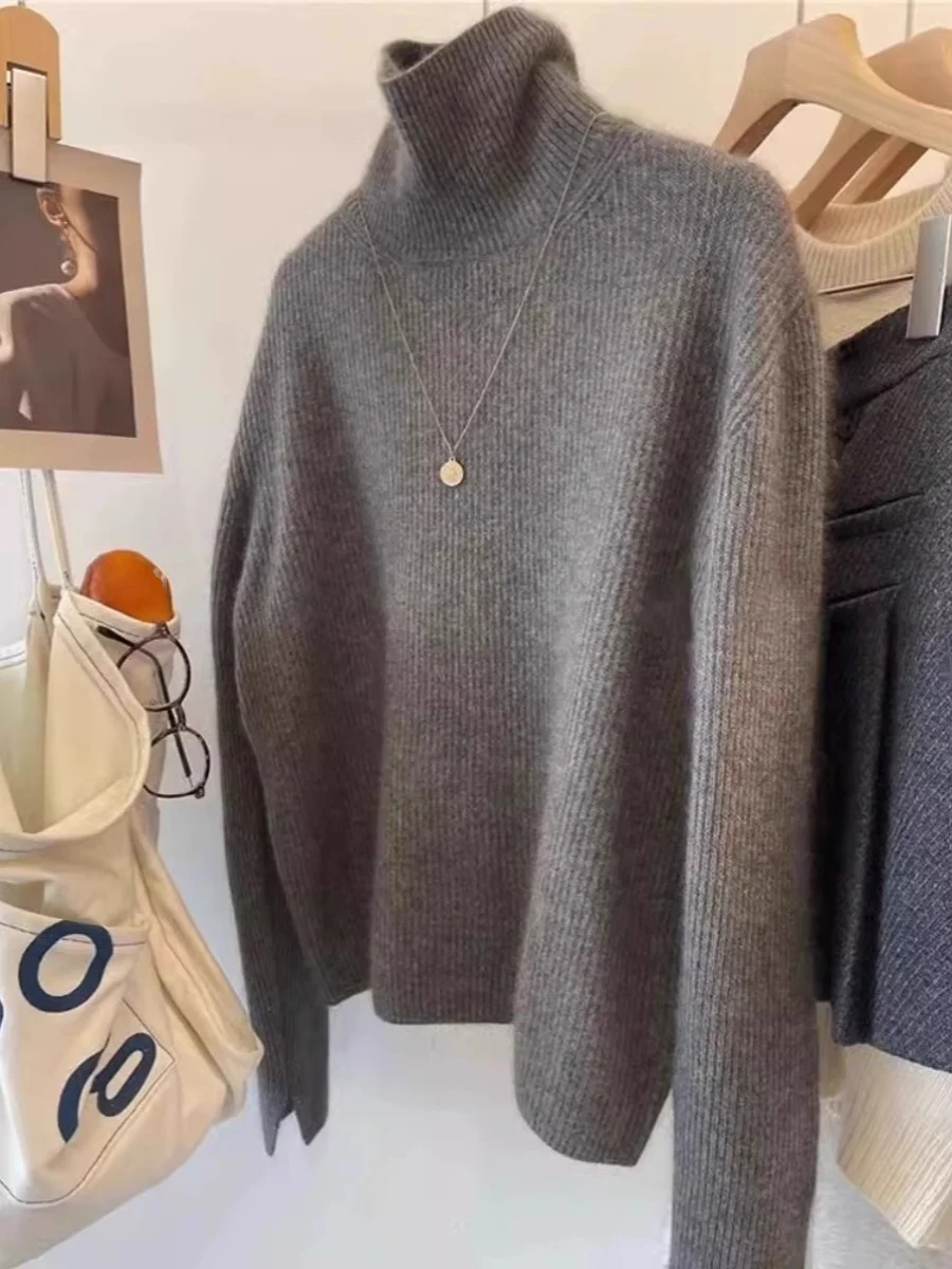 

Gray High Collar Pullover Knitted Sweater Women's Autumn Winter Soft Bear Velvet Lazy Knit Base Shirt Inner Wear Top