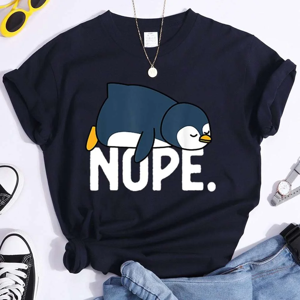 Funny Penguin Nope Print T-shirts For Women Summer Round Neck Tee Shirt Femme Fashion Casual T-shirts