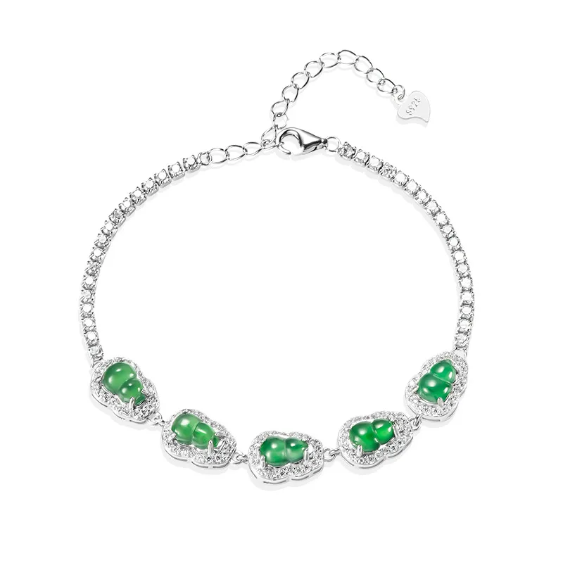 High-End Natural a Cargo Green Gourd BraceletJade S925 Silver Inlay Women's Fashion Ornament