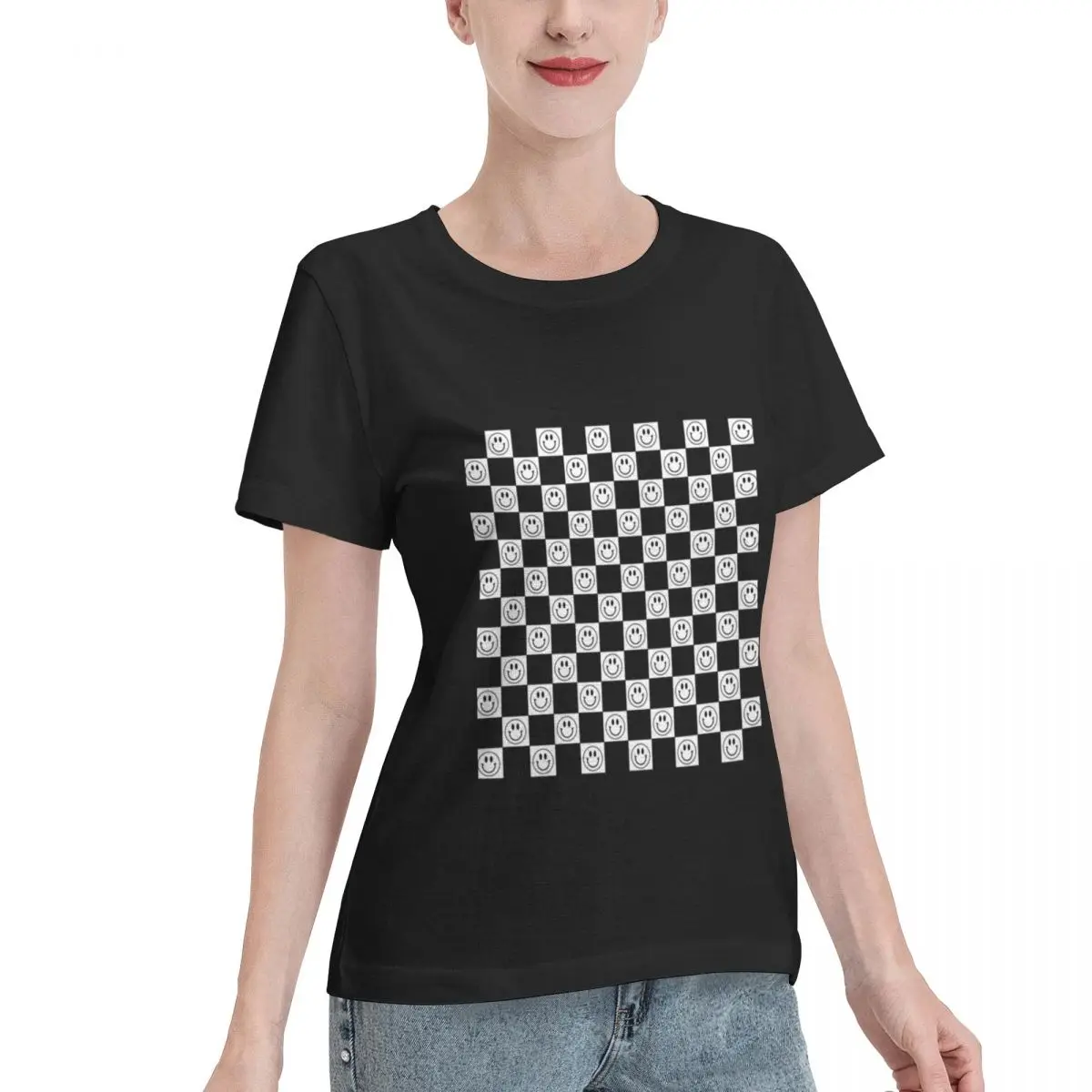 Street Pick Black And White Tiles With Smiles Women's T-shirt Minimalist Non Shrink Tshirt