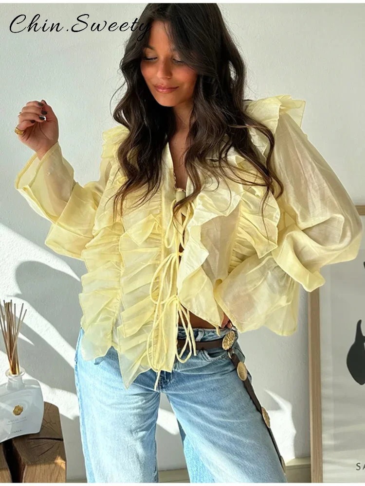 

Fashion Muti-layer Ruffles Lace Up Shirts Women Loose Solid V-neck Flare Sleeve Tops 2025 Spring Summer Lady High Streetwears