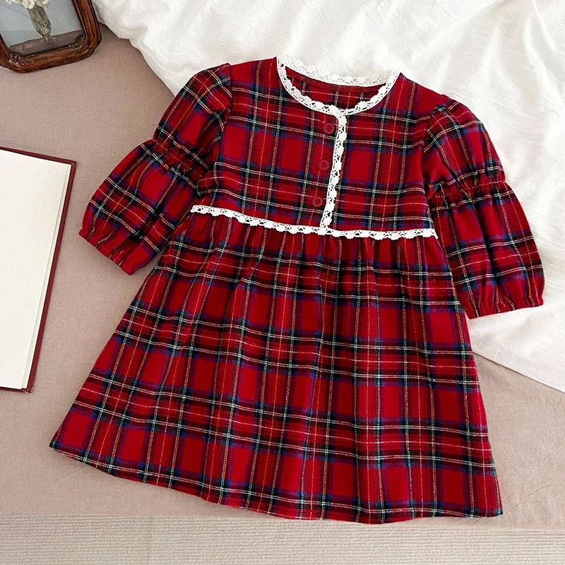 Children Clothes 1-6Yrs Christmas Girls Red Dress Toddler Dress Baby Kid Girls Lace Ruffles Tutu Party Dress Plaid Xmas Costumes