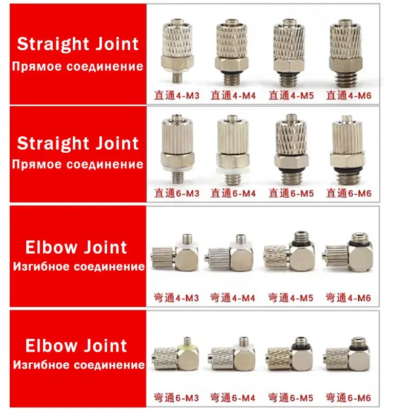 10 sztuk gwint męski Mini rura pneumatyczna złącze śrubowe przez szybkozłącze 3mm 4mm 6mm OD rurka powietrzna szybkiego skrętu