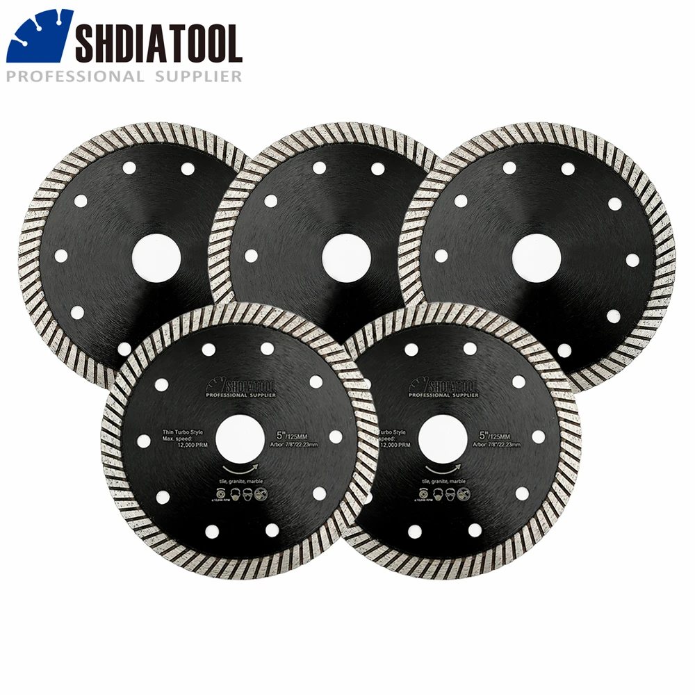 SHDIATOOL 5pcs 125mm Diamond Saw Blade Sets 5inches Mesh Turbo Superthin Cutting Disc Angle Grinder Cut Tile Marble Ceramic