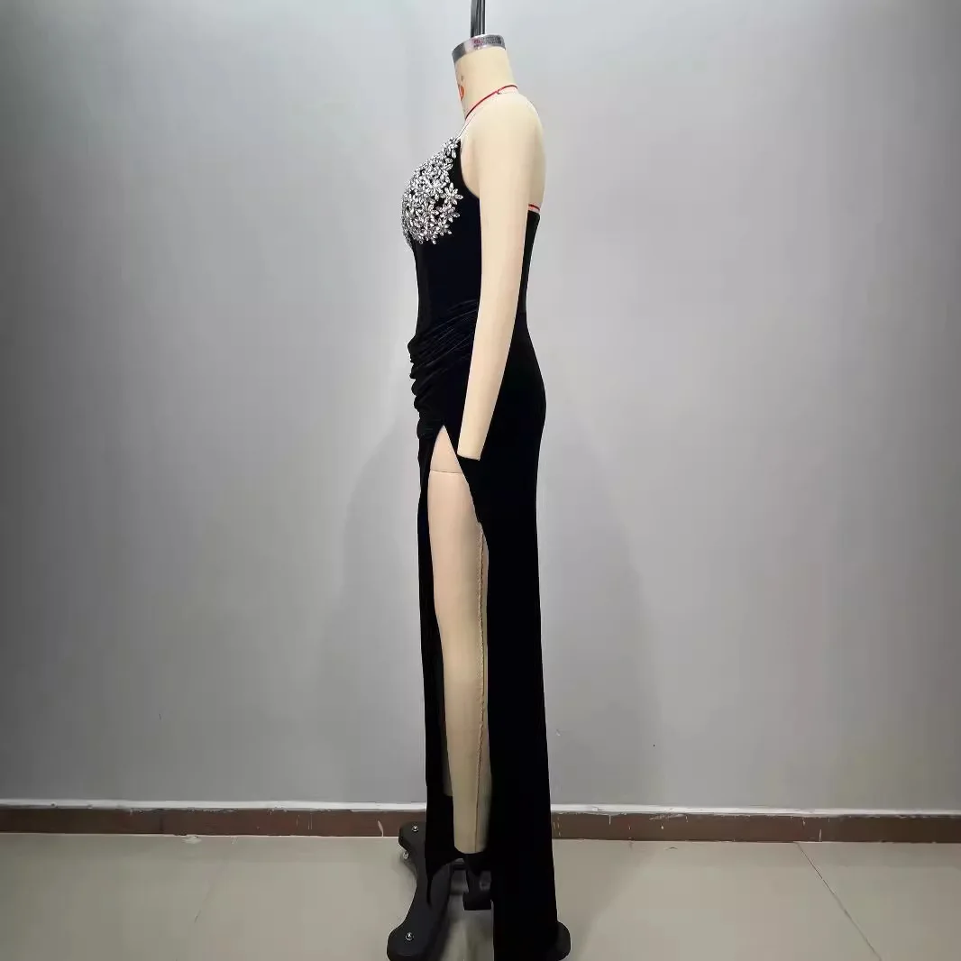 Vestidos de festa de veludo com decote em v strass sexy cintura média emagrecimento fenda bodycon vestido ropa de mujer فatuuratuur eviringen