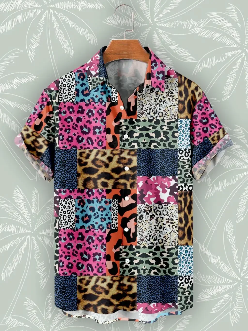 

Hawaiian leopard print men's patchwork shirt, short sleeved shirt, street style, casual wear, summer fashion