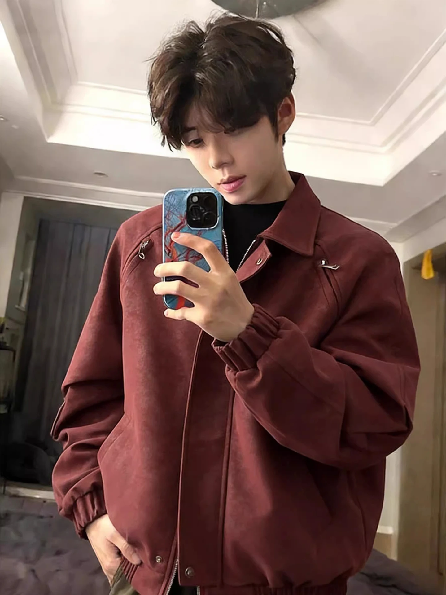 

Мужская демисезонная куртка-косуха из искусственной кожи цвета красного вина, модная повседневная куртка в авиационном стиле с декоративной молнией, свободного кроя