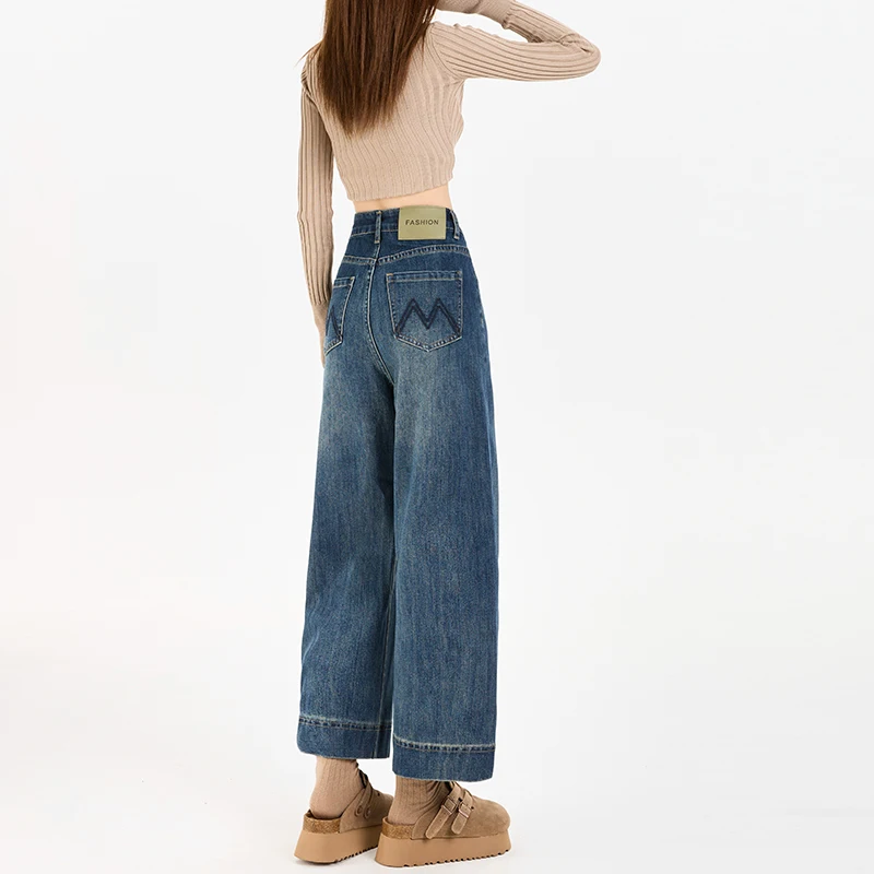 

2025New Autumn Vintage Elastic High-Waisted Embroidered Cropped Jeans for Women, Slimming Straight-Leg Pants for Petite Figures