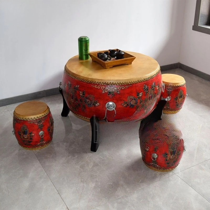 Painted drum table drum stool old solid wood coffee table round table combination