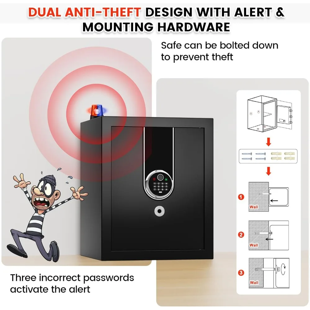 Biometric Fingerprint Safe Box, 1.3 Cuft Home Security Safe with Fireproof Waterproof Bag, Combination Keypad, Anti-Theft Dual A