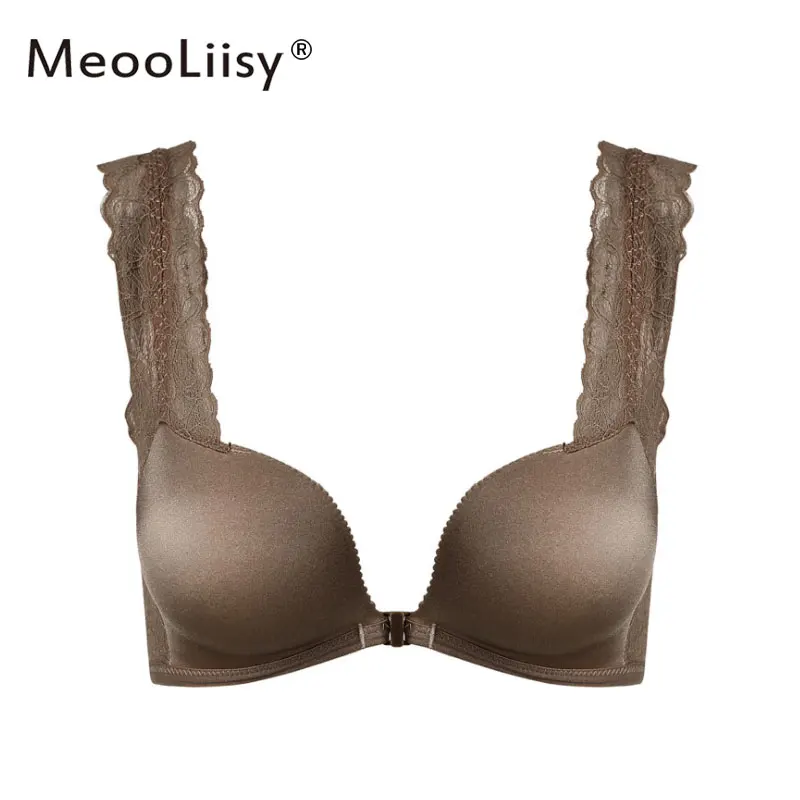 MeooLiisy Add Two Cup French Style Sexy Lace Push Up Women Bras Wire Free Brassiere Beauty Back Front Buckle Lady Lingerie