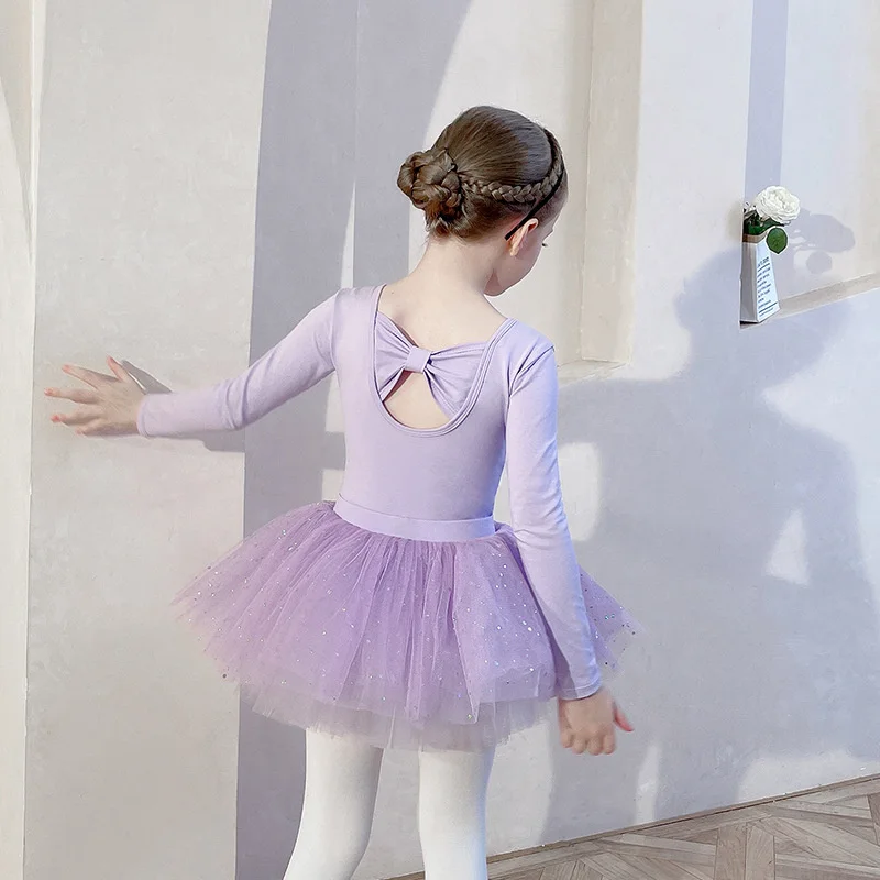 Atacado de alta qualidade bonito rosa lilás manga longa 2 peça crianças ballet vestidos crianças meninas ballet superior com saia