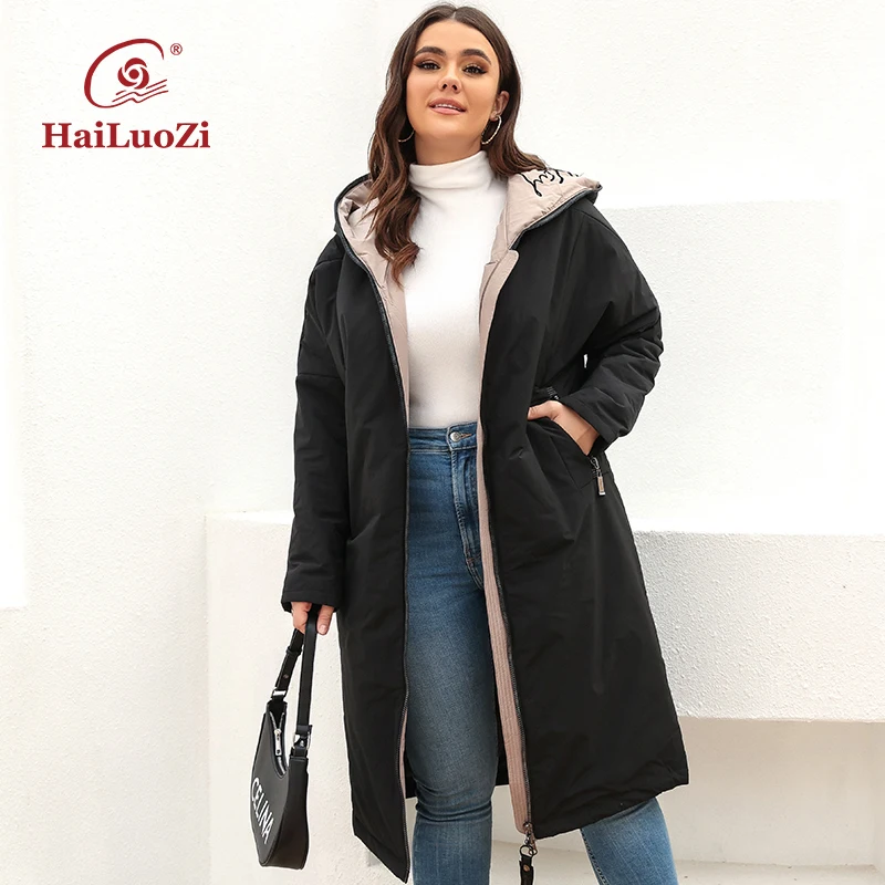 HaiLuoZi Spring Women Jacket Fashion Belt Design Hooded Warm Women\'s Coat Large Size XXL-7XL Splicing  Female Long Parkas 7850