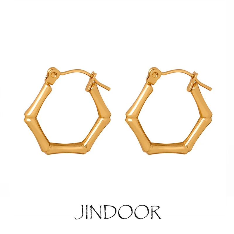 JINDOOR Titanium with 18k gold-plated Bamboo Hoops French Vintage Geometric Bamboo U-shaped Earrings