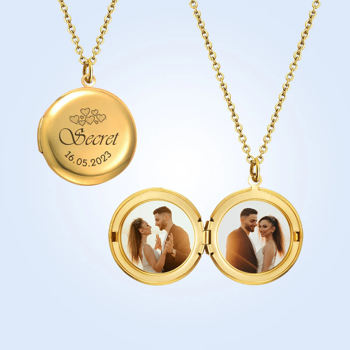 

Customize Fashion couple stainless steel engraved photo necklace Round photo box necklace Custom-made couple engraved necklace