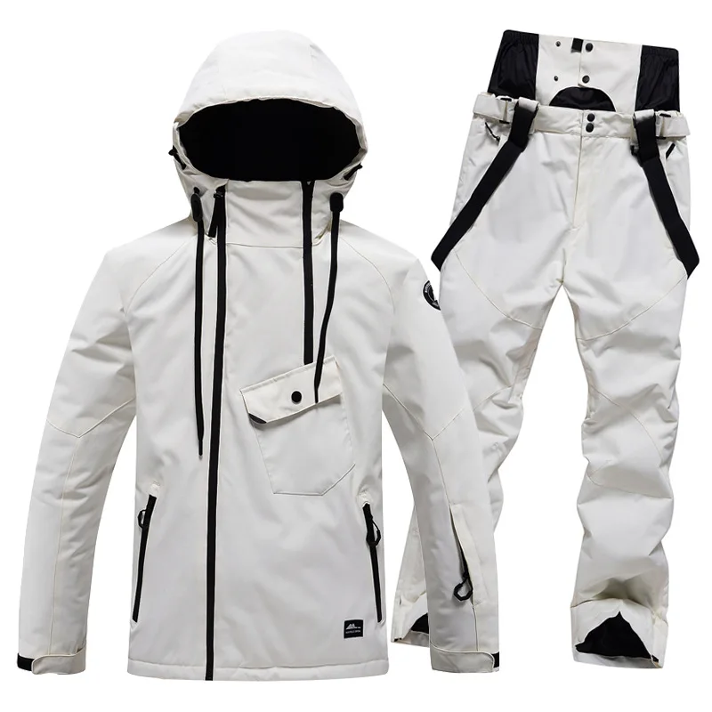 STLF Solid Color Hooded Ski Suit for Men Women Windproof Waterproof Warm Breathable Snowboard Jacket Pants