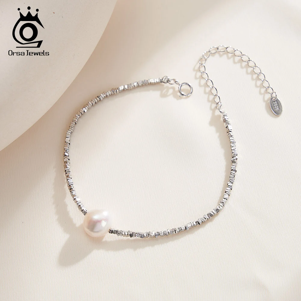 

ORSA JEWELS 925 Sterling Silver Pearl Chain Bracelet Rhodium Baroque Pearl Hand Bracelet for Women Girls Hand Accessories GPB19