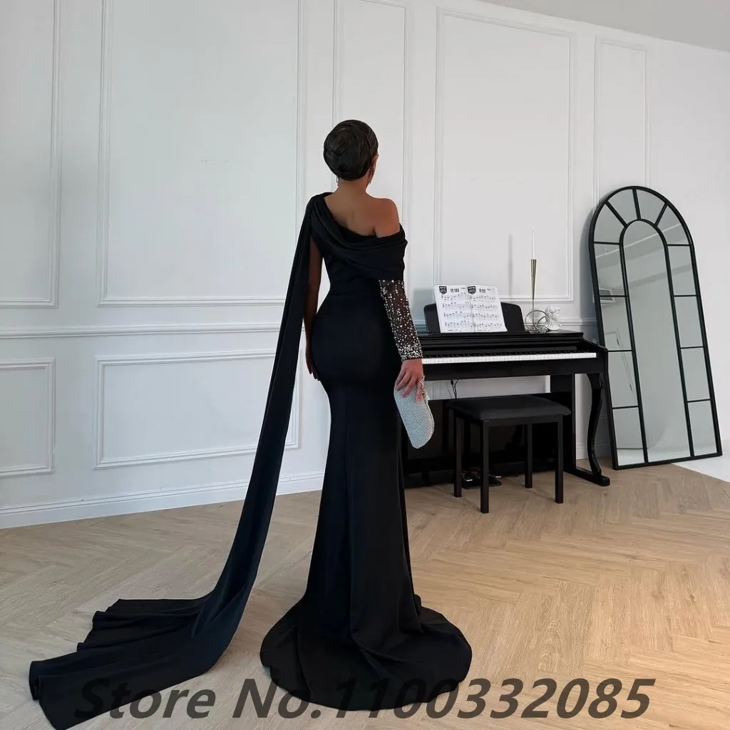 Eightale Customized Black Cape Evening Dress One Shoulder Mermaid Prom Party Dresses Women Dubai Formal Gowns Customize image 3