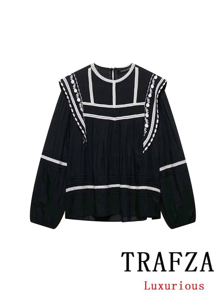 

TRAFZA Vintage Casual Chic Women Black Blouse O-Neck Long Sleeve Embroidery Loose Shirts New Fashion 2025 Spring Summer Blouse