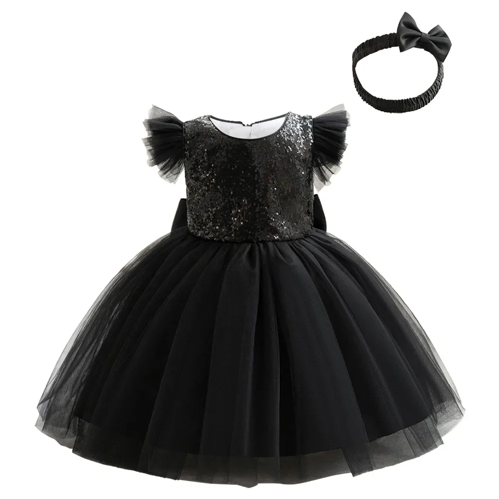 Fluffy Christmas Girls Princess Black Dress Sequins Halloween Baby Kids Evening Party Prom Gown Tulle Summer Children Dresses