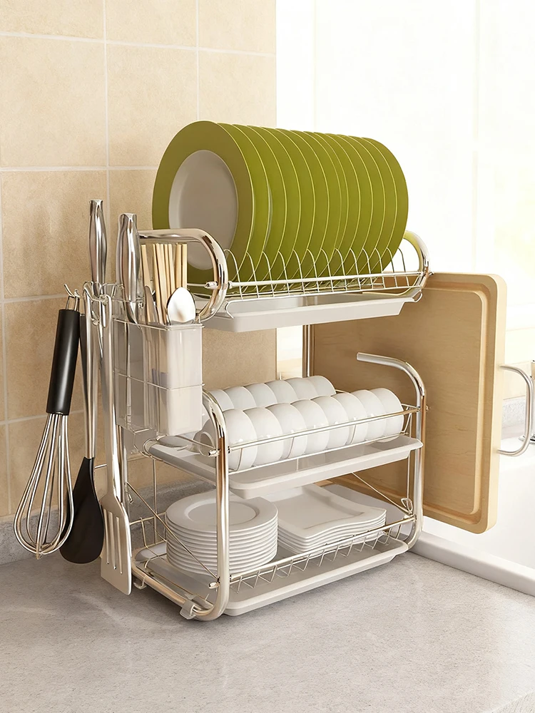 3 طبقات تجفيف الأطباق متعددة الوظائف المطبخ طبق تخزين الرف كونترتوب طبق تجفيف الرف استنزاف الرف للأطباق لوحات أطباق