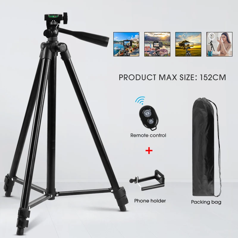 152cm Black Tripod Extendable Portable Selfie Tripod Support With Remote Shutter And Hangbag For Mobile Phones Travel Photograph