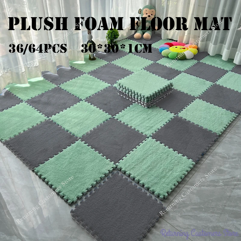 36/64PCS Baby Plush Foam Floor Mats Carpet Foam Floor Mats Fluffy Interlocking Floor Tiles for Kids Bedroom Carpet 30*30*1CM