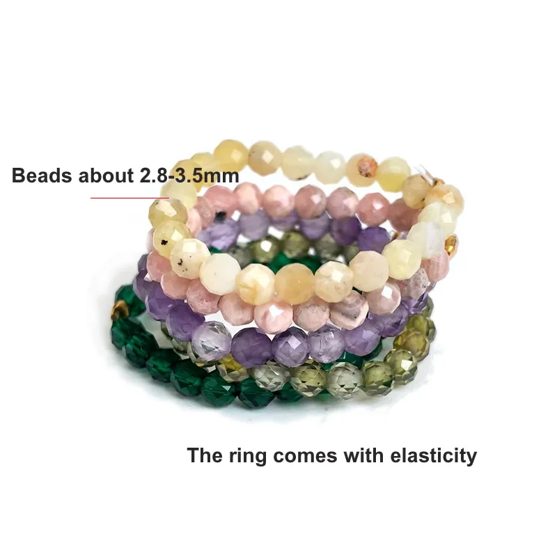 Natural Cut Bead Stone Shiny Elastic Ring for Men and Women, Manual preparation, Crystal Quartz, Tourmaline, Jewelry Gift, 3-4mm