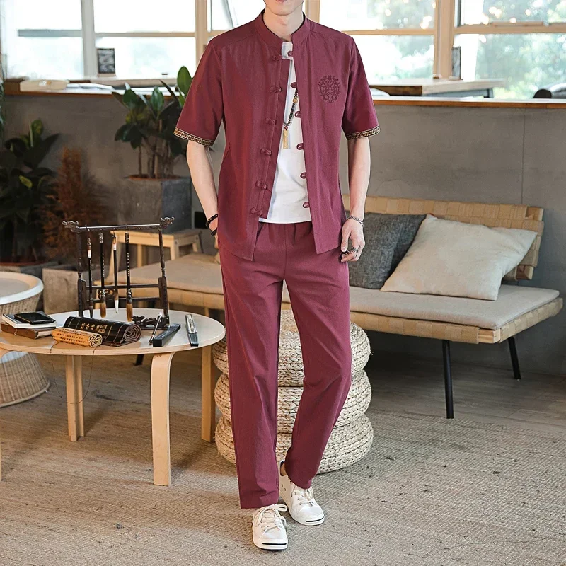 Men's Clothing Large Size Tracksuit Husband 2022 Summer Suit Linen Shirt Fashion Male Set Chinese Style 4XL 5XL Plus Two Pieces